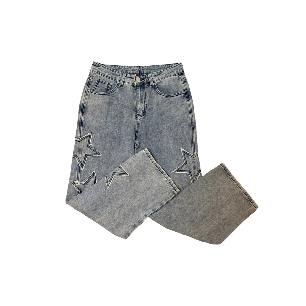 Romwe Womens Star Patch Wide Leg Jeans Light Wash High Rise Y2K Denim Small‎